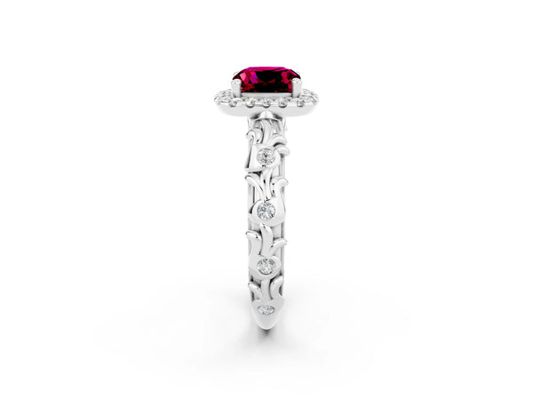 Silver Cushion Cut Garnet Halo Ring with Filigree Band and Prong Setting