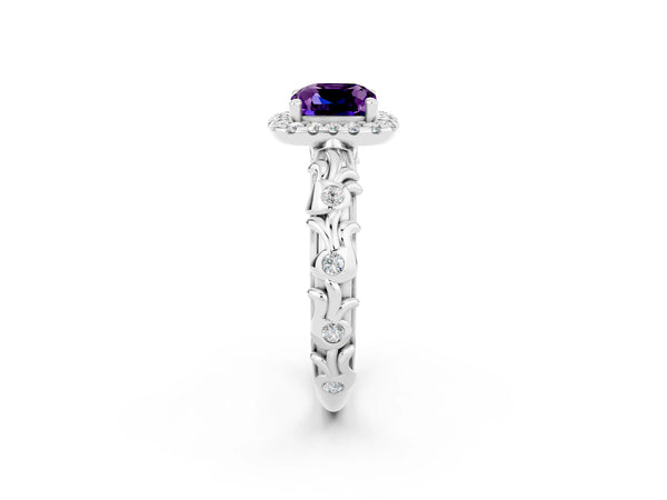 Silver Cushion Cut Amethyst Halo Ring with Filigree Band and Prong Setting