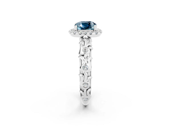 Platinum Cushion Cut Aquamarine Halo Ring with Filigree Band and Prong Setting
