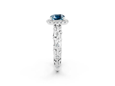 White gold Cushion Cut Halo Diamond Solitaire with Filigree Band and Four-Prong Setting_2