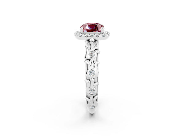 Platinum Cushion Cut Halo Diamond Solitaire with Filigree Band and Four-Prong Setting