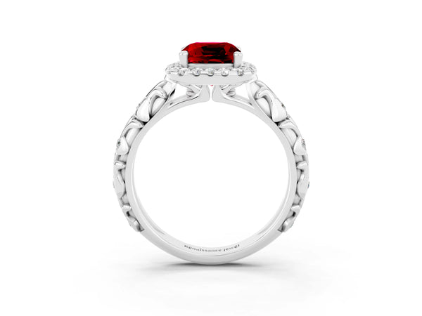 Platinum Cushion Cut Ruby Halo Ring with Filigree Band and Prong Setting