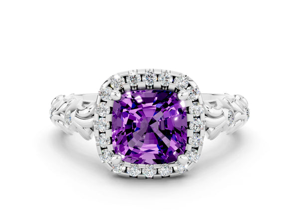 White gold Cushion Cut Amethyst Halo Ring with Filigree Band and Prong Setting