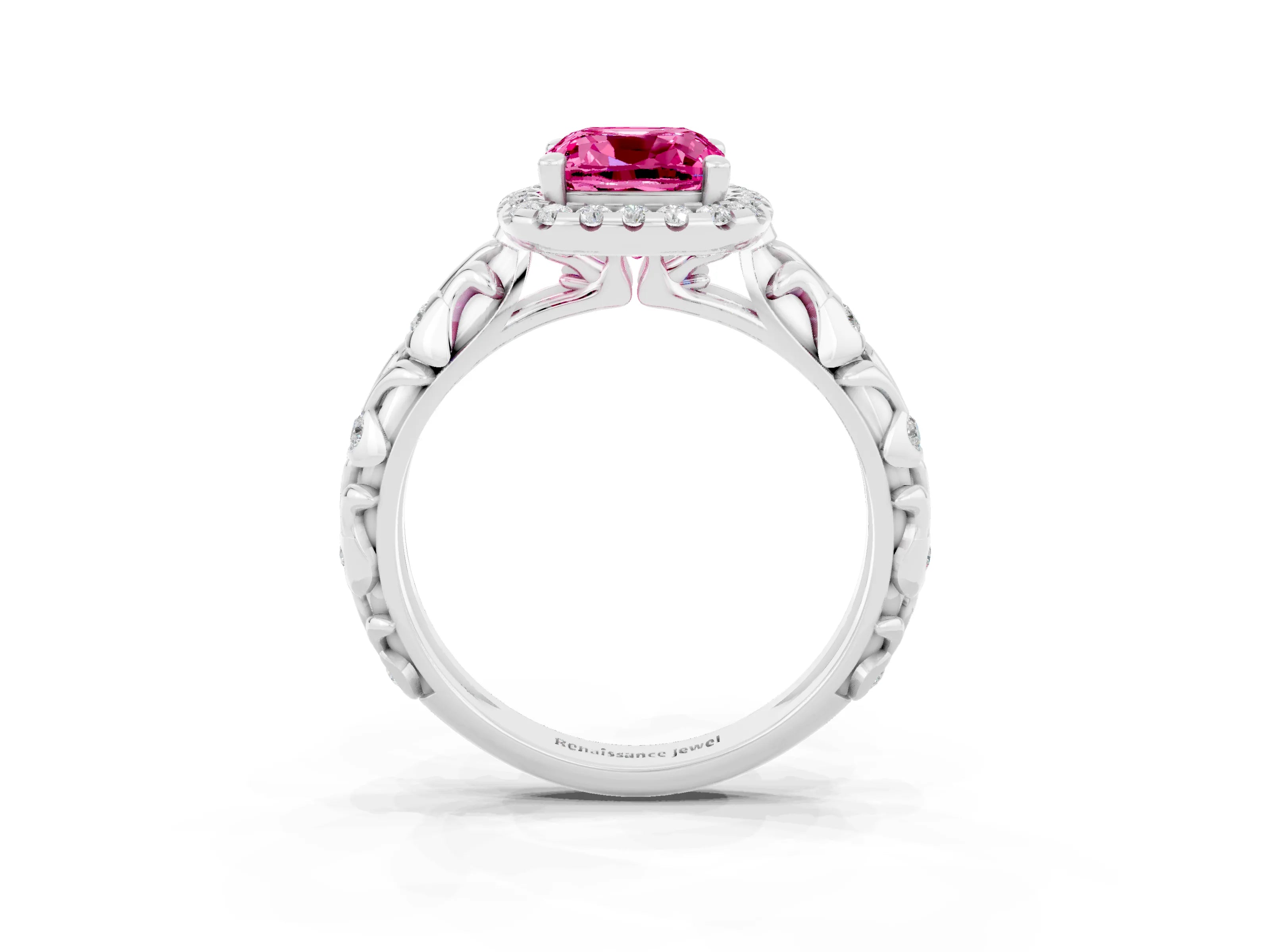 White gold Cushion Cut Halo Diamond Solitaire with Filigree Band and Four-Prong Setting_3