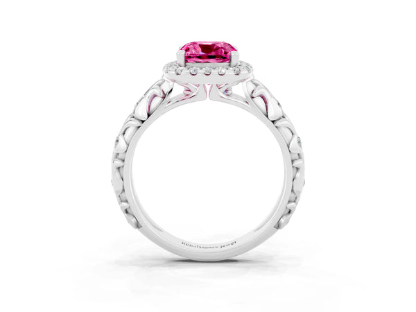 Platinum Cushion Cut Pink Sapphire Halo Ring with Filigree Band and Prong Setting