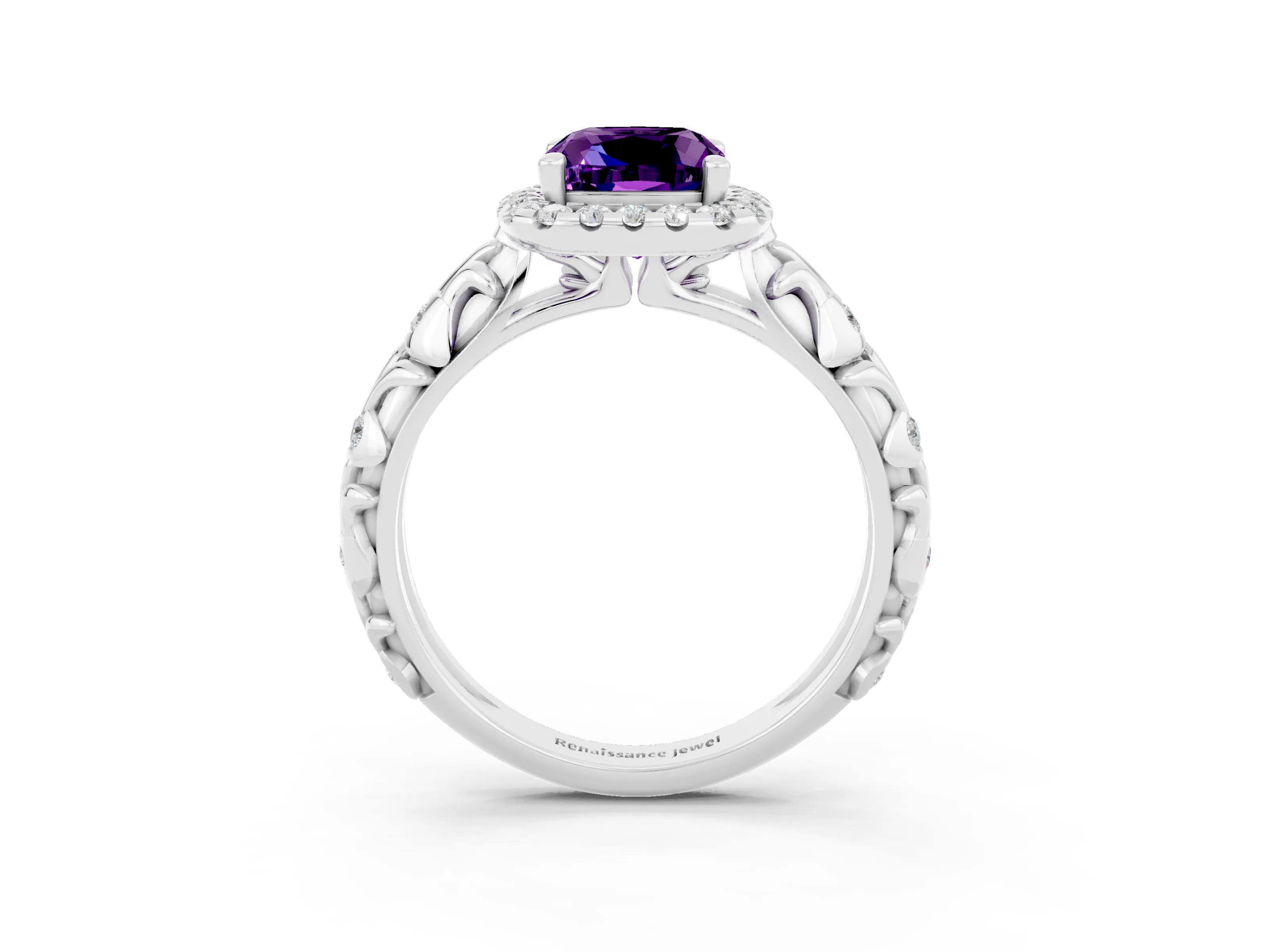 White gold Cushion Cut Halo Diamond Solitaire with Filigree Band and Four-Prong Setting_3
