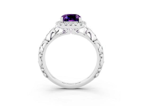 Platinum Cushion Cut Amethyst Halo Ring with Filigree Band and Prong Setting
