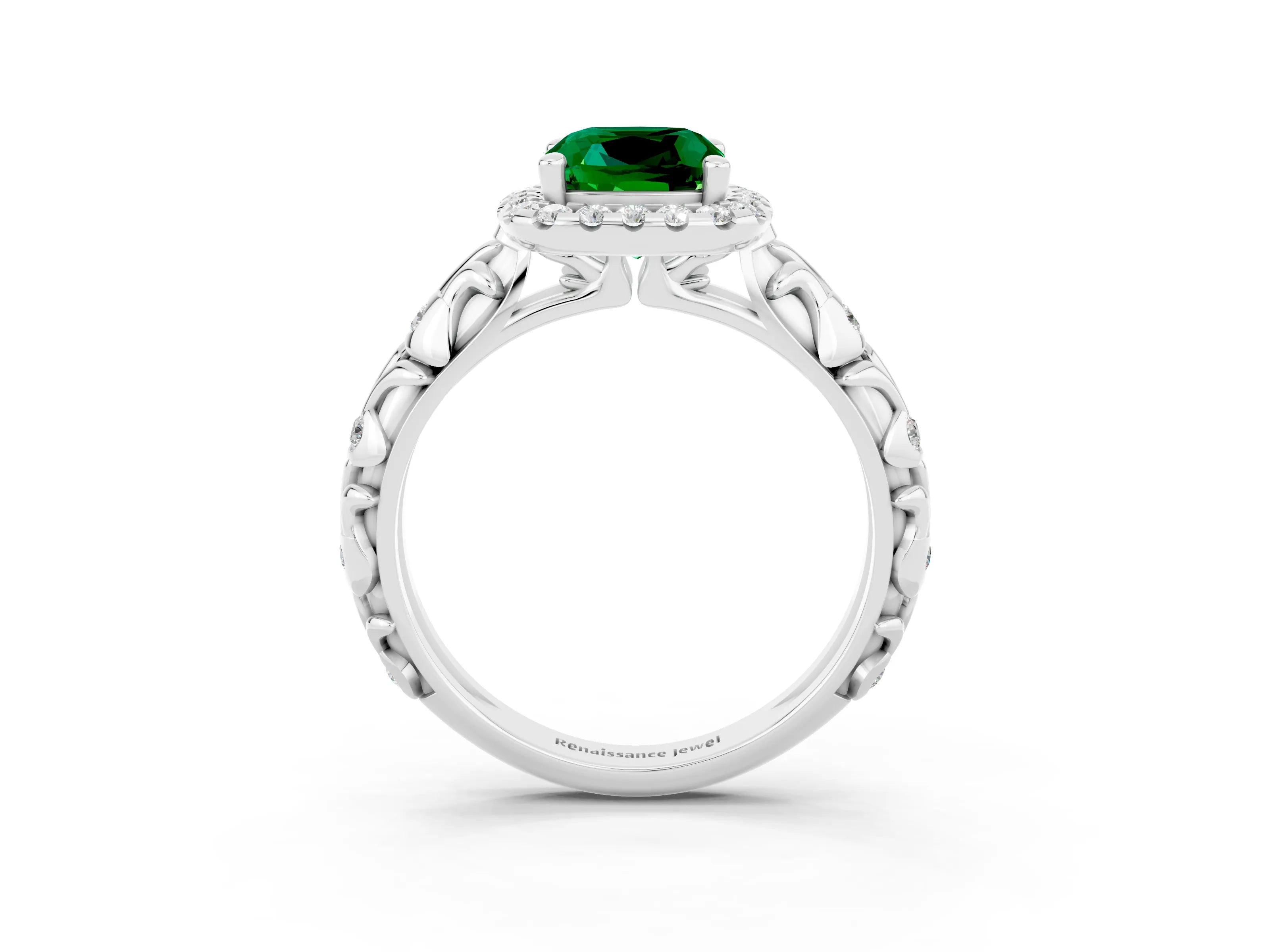 White gold Cushion Cut Halo Diamond Solitaire with Filigree Band and Four-Prong Setting_3
