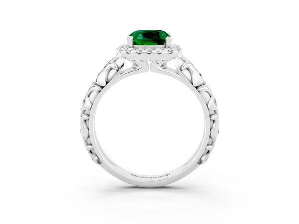 White gold Cushion Cut Emerald Halo Ring with Filigree Band and Prong Setting