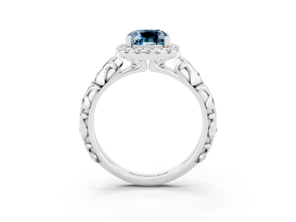 Platinum Cushion Cut Aquamarine Halo Ring with Filigree Band and Prong Setting