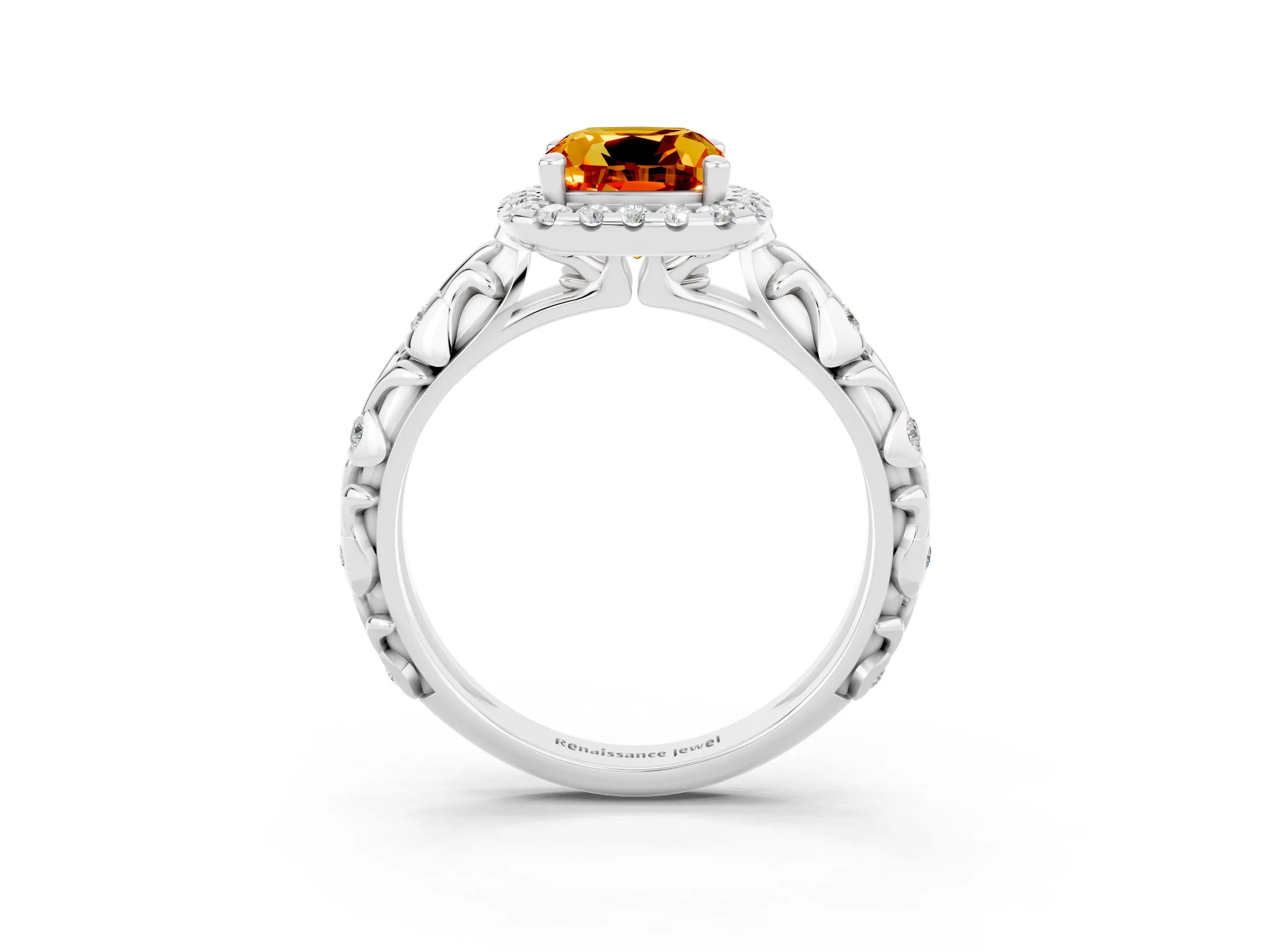 White gold Cushion Cut Halo Diamond Solitaire with Filigree Band and Four-Prong Setting_3
