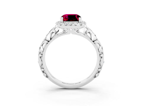 White gold Cushion Cut Halo Diamond Solitaire with Filigree Band and Four-Prong Setting_3