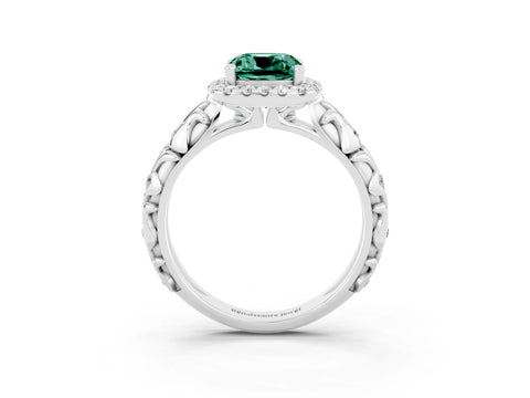 White gold Cushion Cut Halo Diamond Solitaire with Filigree Band and Four-Prong Setting_3