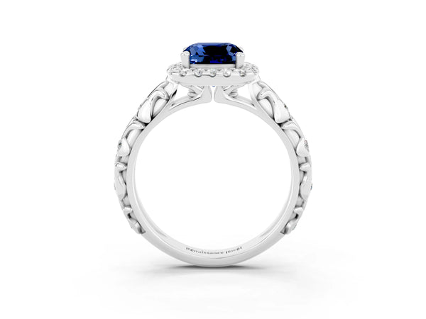 Silver Cushion Cut Blue Sapphire Halo Ring with Filigree Band and Prong Setting