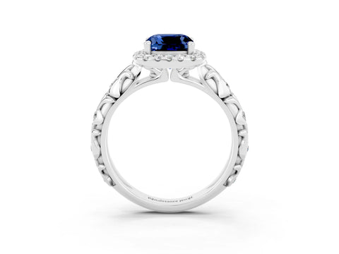 White gold Cushion Cut Halo Diamond Solitaire with Filigree Band and Four-Prong Setting_3
