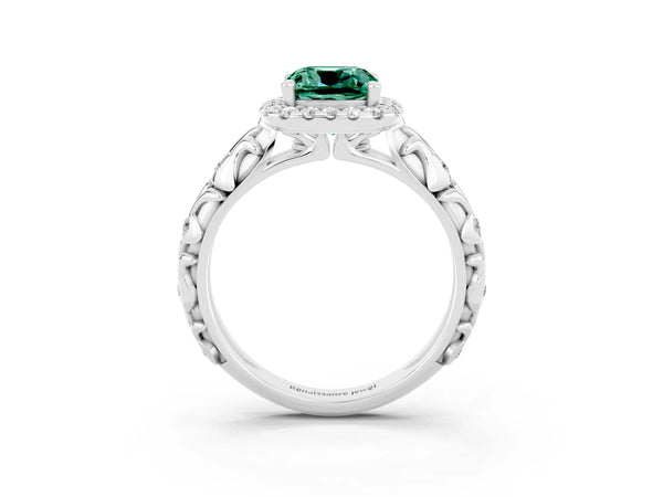 White gold Cushion Cut Green Sapphire Halo Ring with Filigree Band and Prong Setting
