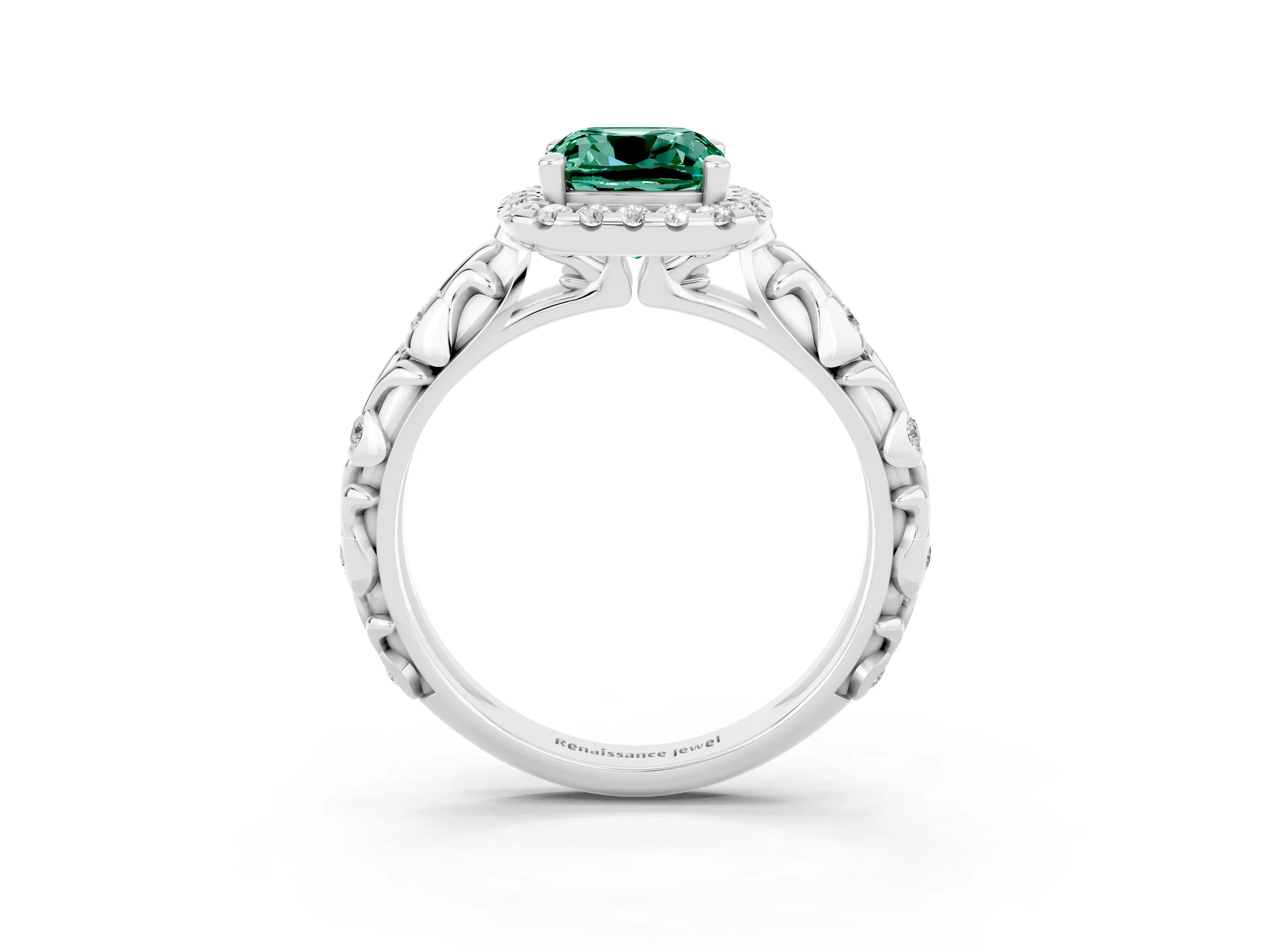 White gold Cushion Cut Halo Diamond Solitaire with Filigree Band and Four-Prong Setting_3