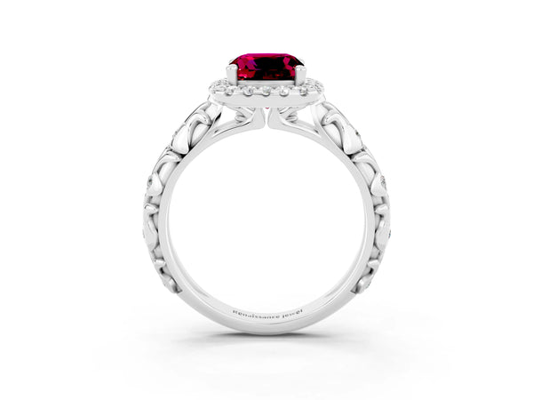 Platinum Cushion Cut Garnet Halo Ring with Filigree Band and Prong Setting