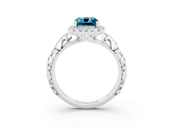 Platinum Cushion Cut Halo Diamond Solitaire with Filigree Band and Four-Prong Setting