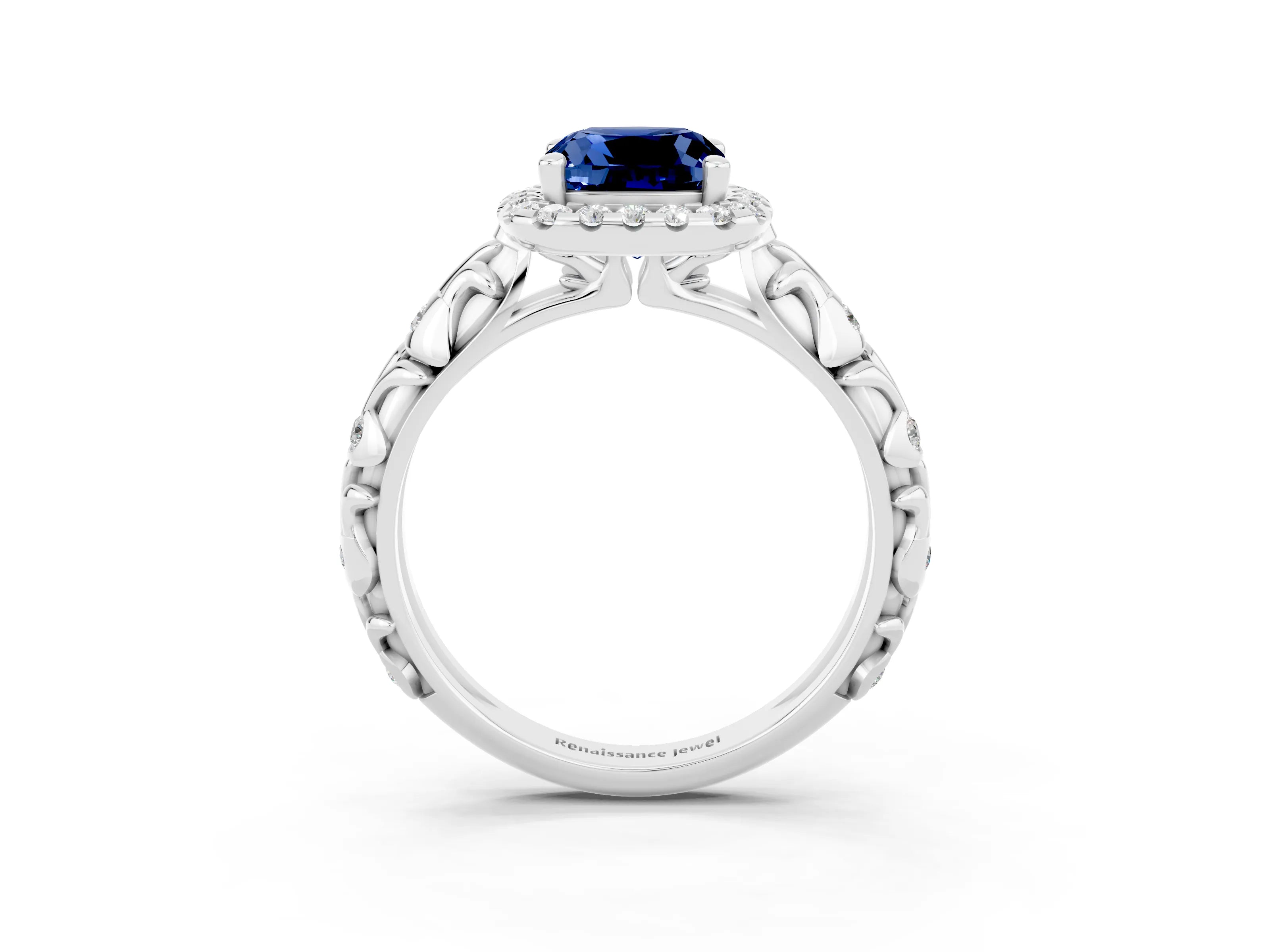 White gold Cushion Cut Halo Diamond Solitaire with Filigree Band and Four-Prong Setting_3