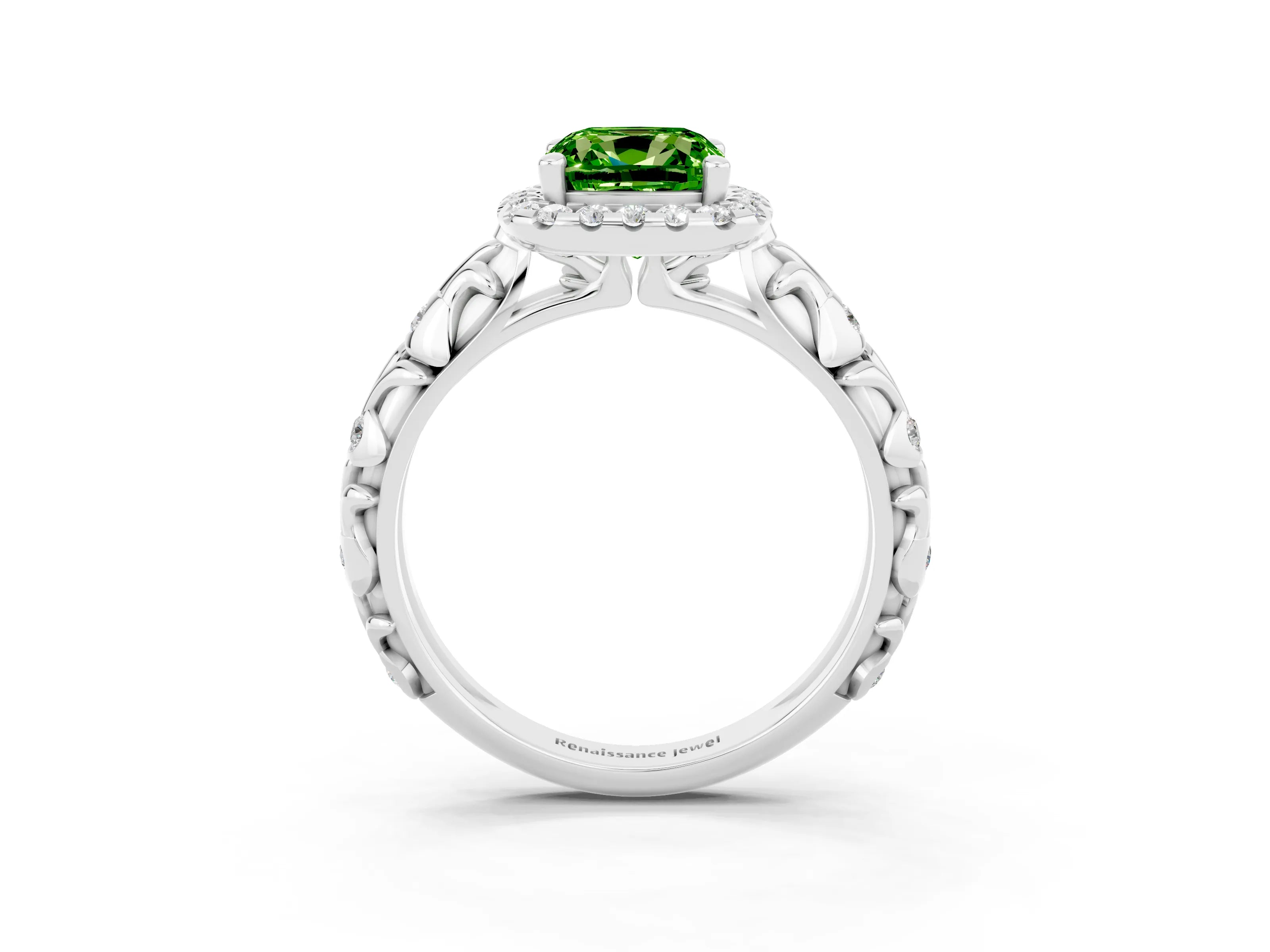 White gold Cushion Cut Halo Diamond Solitaire with Filigree Band and Four-Prong Setting_3
