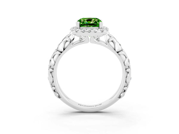 Silver Cushion Cut Peridot Halo Ring with Filigree Band and Prong Setting