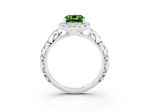 White gold Cushion Cut Halo Diamond Solitaire with Filigree Band and Four-Prong Setting_3