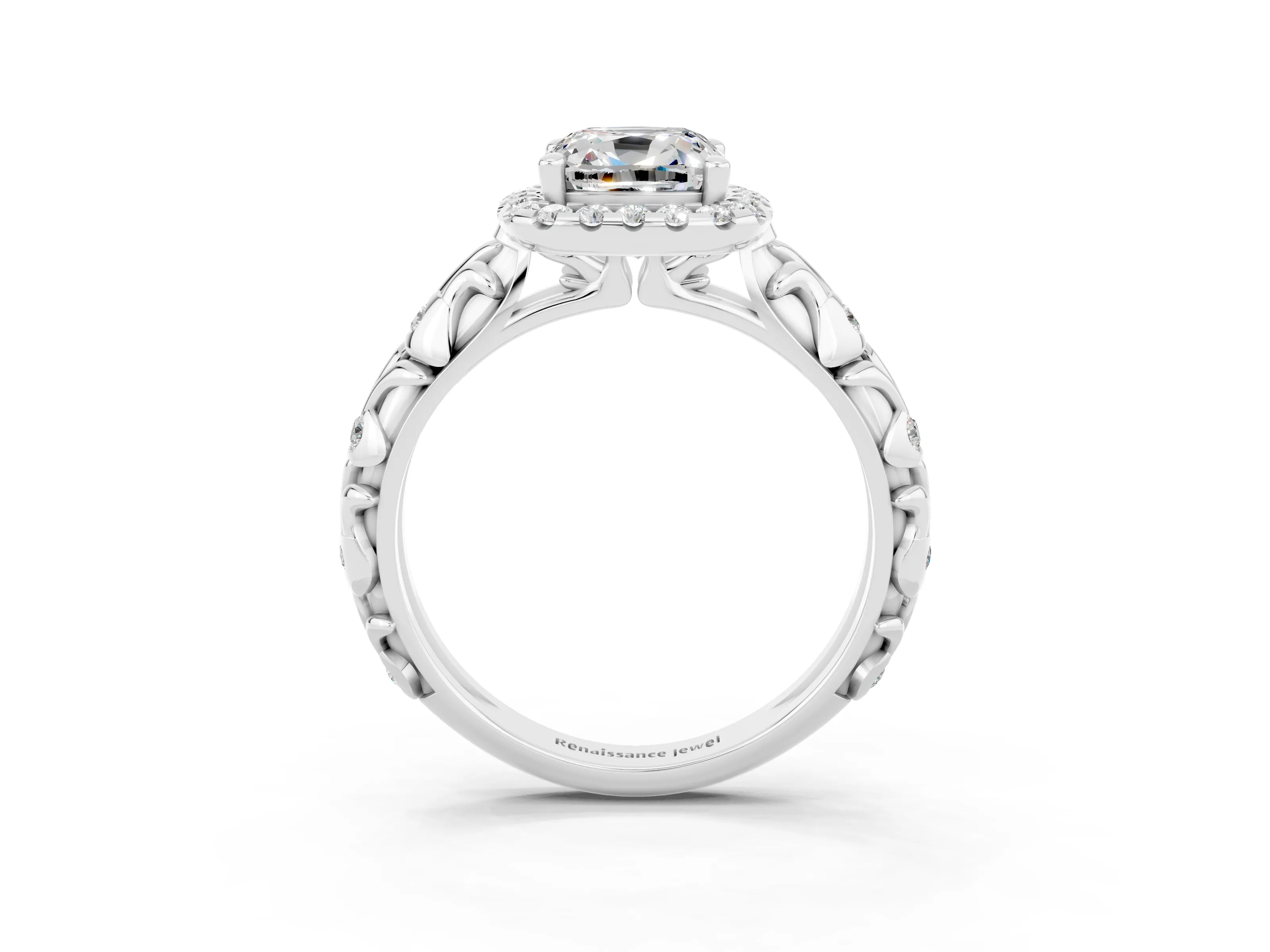 White gold Cushion Cut Halo Diamond Solitaire with Filigree Band and Four-Prong Setting_3