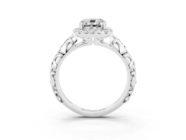 Platinum Cushion Cut Moissanite Halo Ring with Filigree Band and Prong Setting