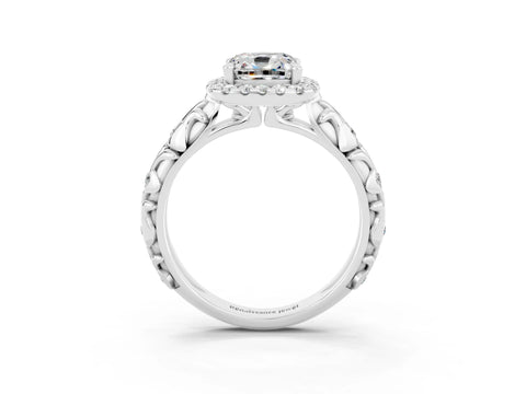 White gold Cushion Cut Halo Diamond Solitaire with Filigree Band and Four-Prong Setting_3
