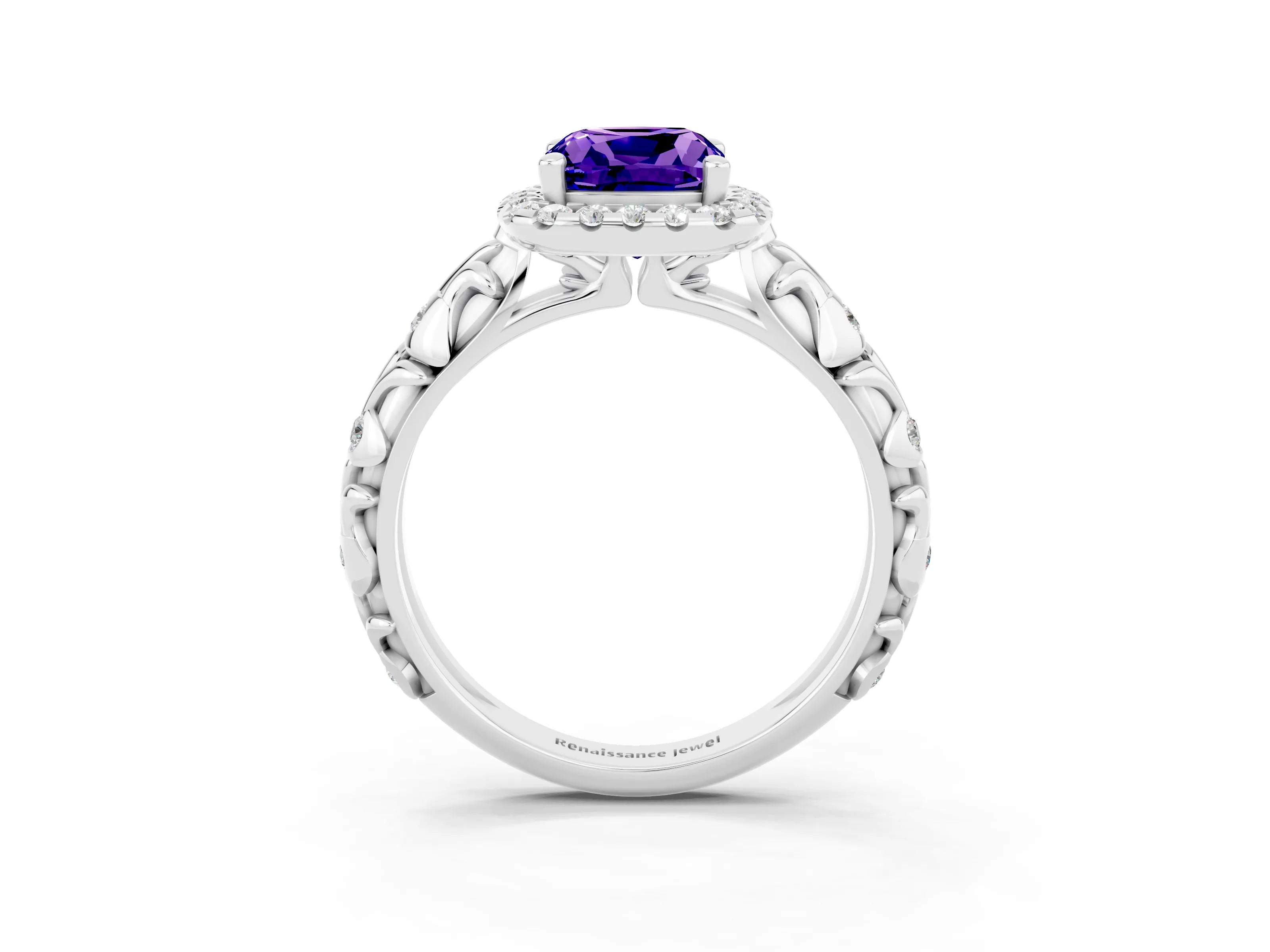 White gold Cushion Cut Halo Diamond Solitaire with Filigree Band and Four-Prong Setting_3