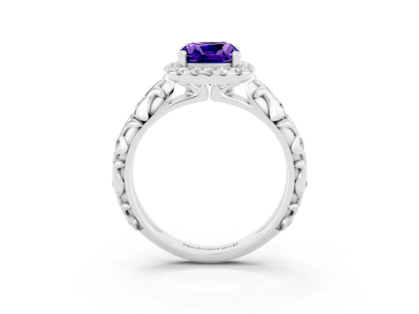Platinum Cushion Cut Tanzanite Halo Ring with Filigree Band and Prong Setting