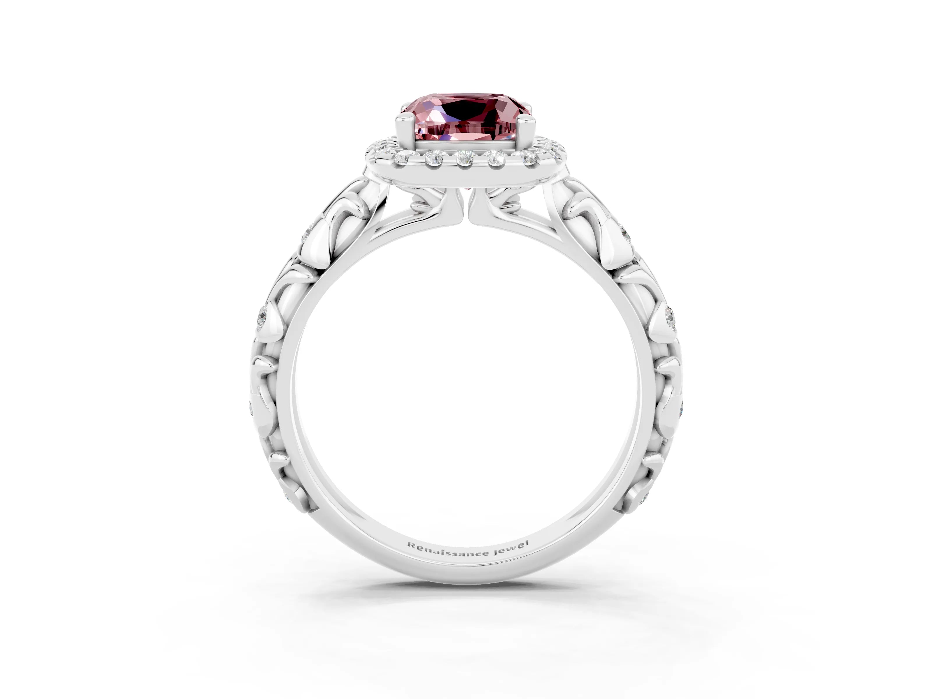 White gold Cushion Cut Halo Diamond Solitaire with Filigree Band and Four-Prong Setting_3