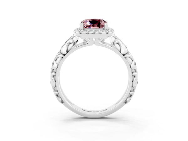 Platinum Cushion Cut Halo Diamond Solitaire with Filigree Band and Four-Prong Setting