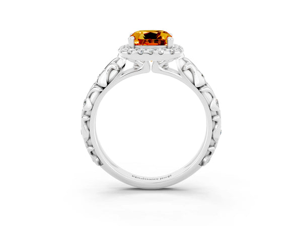 White gold Cushion Cut Citrine Halo Ring with Filigree Band and Prong Setting