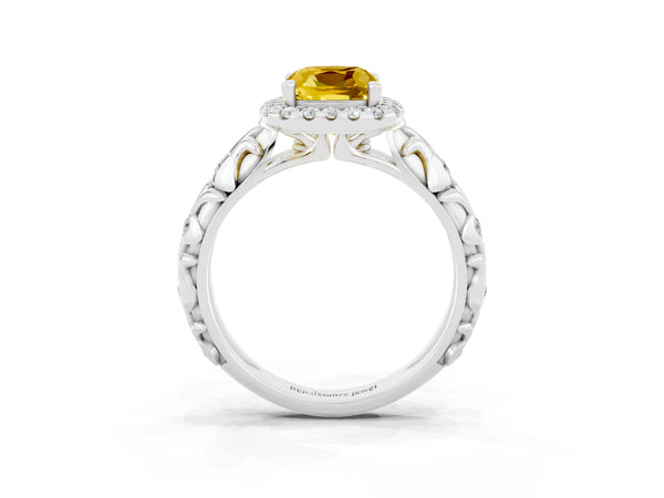 Platinum Cushion Cut Yellow Sapphire Halo Ring with Filigree Band and Prong Setting