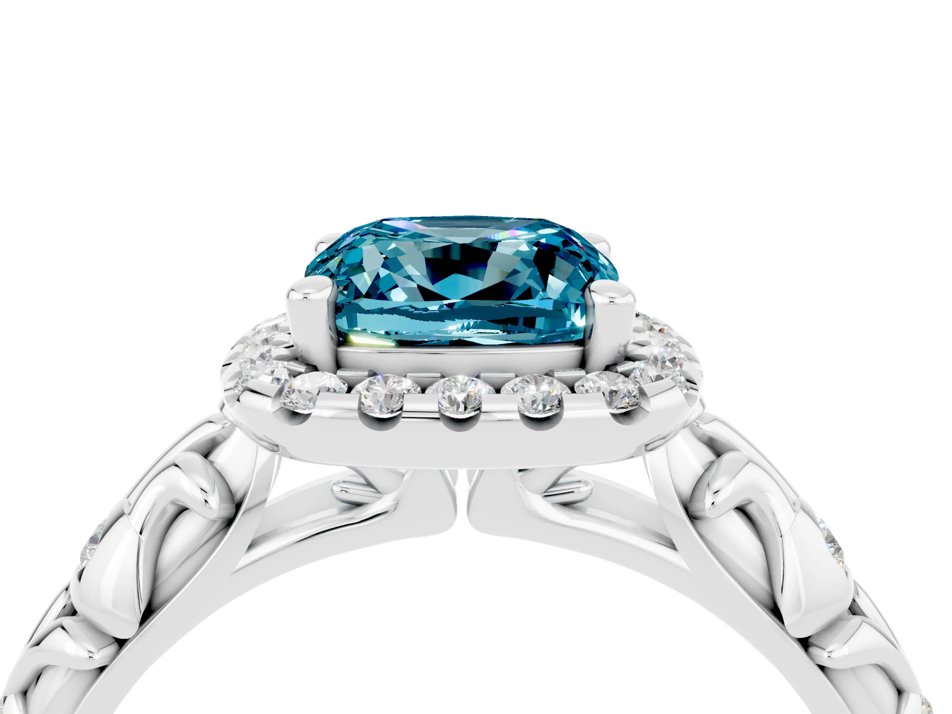 White gold Cushion Cut Halo Diamond Solitaire with Filigree Band and Four-Prong Setting_4
