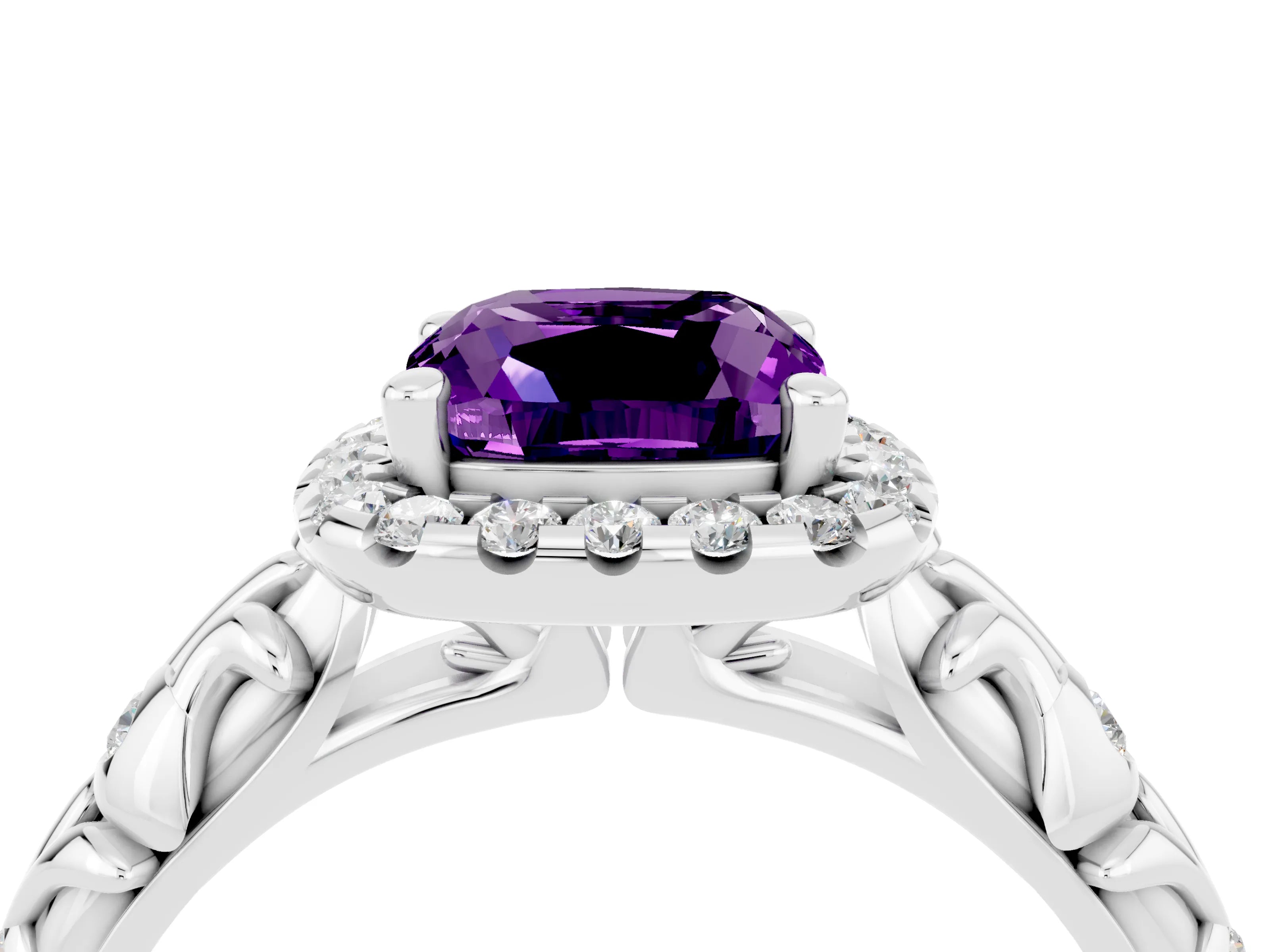 White gold Cushion Cut Halo Diamond Solitaire with Filigree Band and Four-Prong Setting_4
