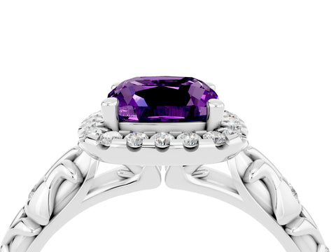 White gold Cushion Cut Halo Diamond Solitaire with Filigree Band and Four-Prong Setting_4