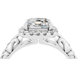 White gold Cushion Cut Halo Diamond Solitaire with Filigree Band and Four-Prong Setting_4