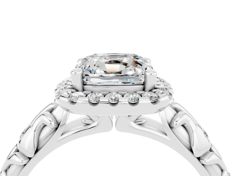 White gold Cushion Cut Halo Diamond Solitaire with Filigree Band and Four-Prong Setting_4