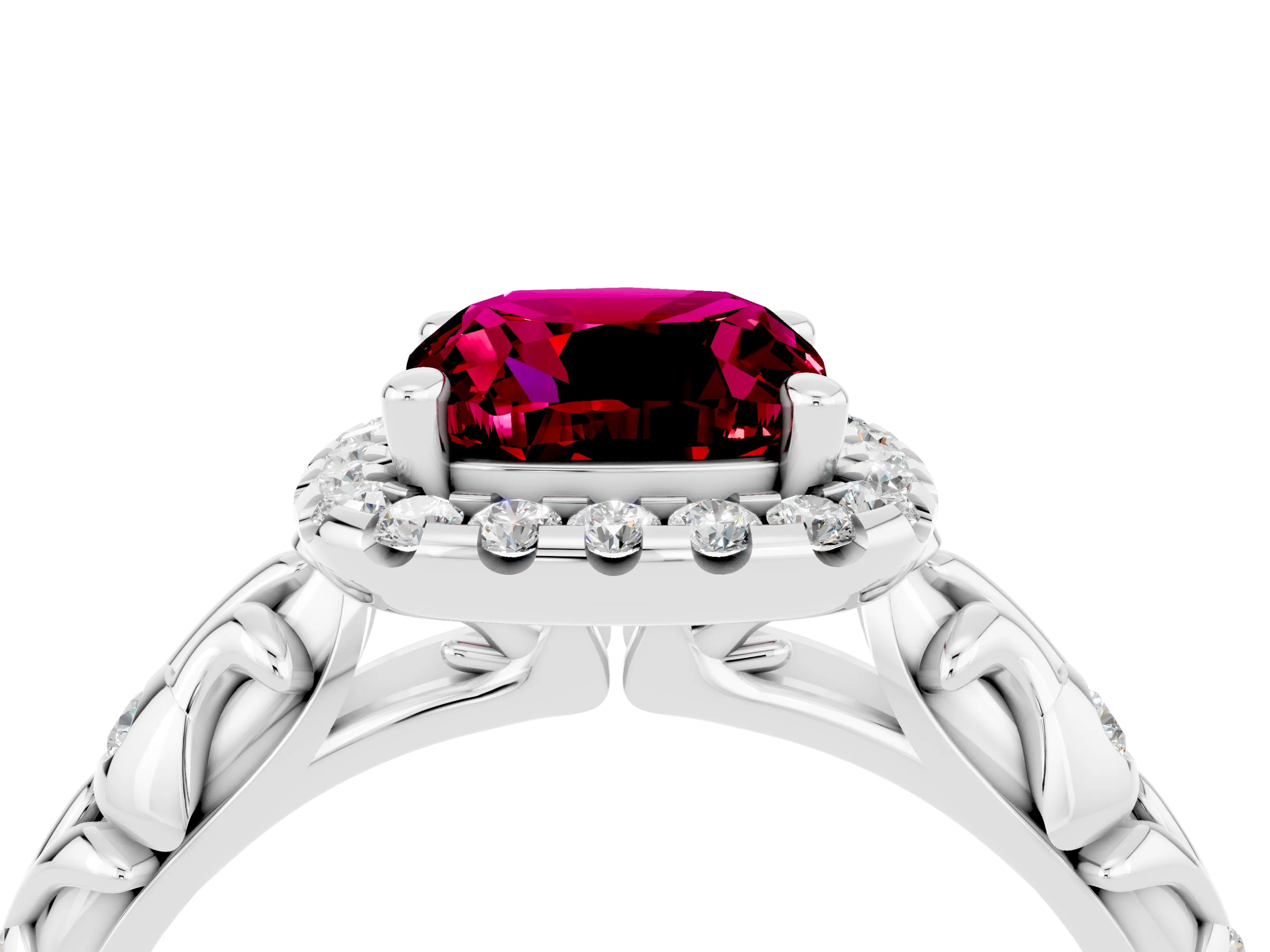 White gold Cushion Cut Halo Diamond Solitaire with Filigree Band and Four-Prong Setting_4