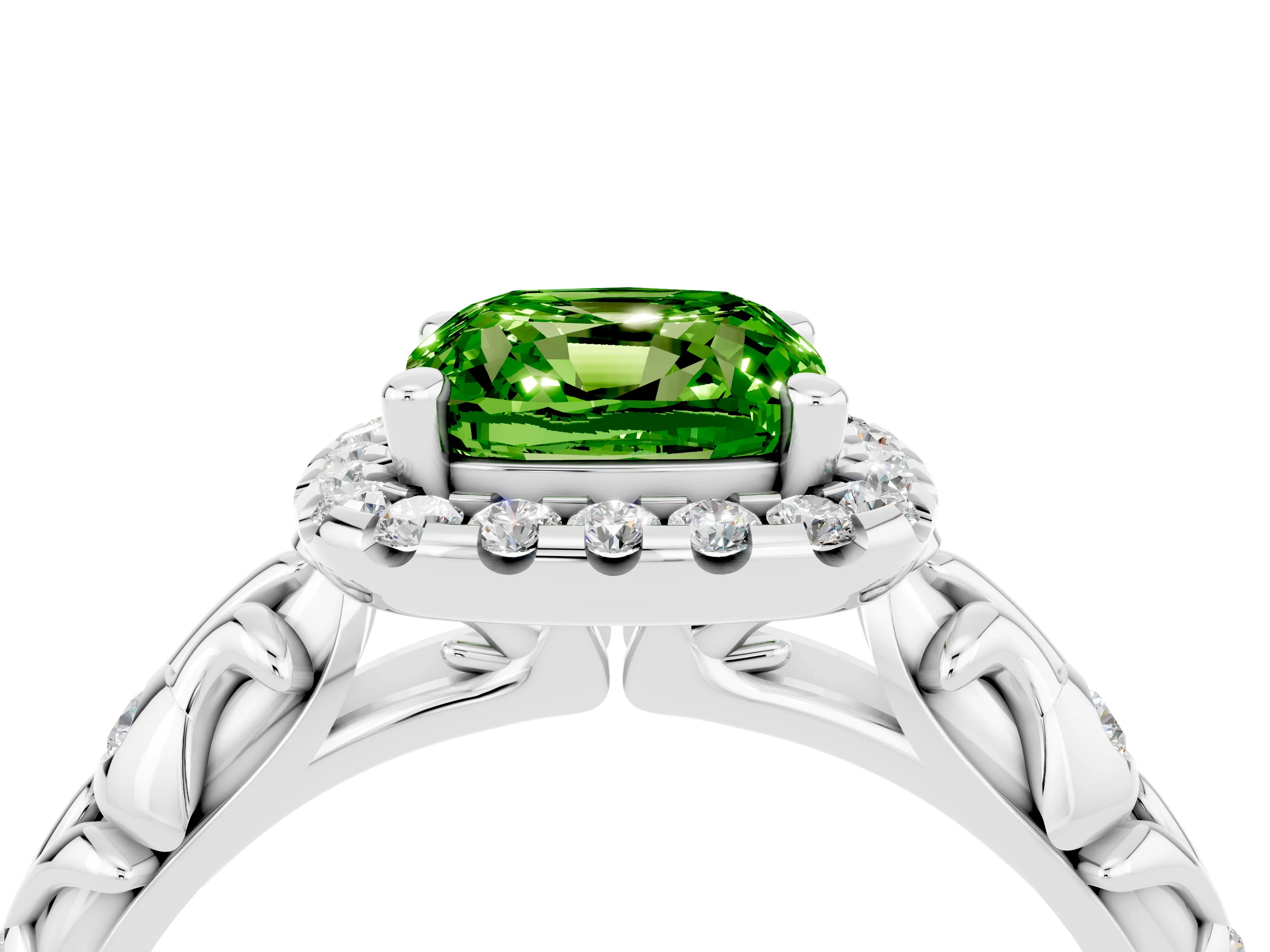 White gold Cushion Cut Halo Diamond Solitaire with Filigree Band and Four-Prong Setting_4