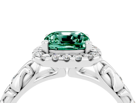 White gold Cushion Cut Halo Diamond Solitaire with Filigree Band and Four-Prong Setting_4