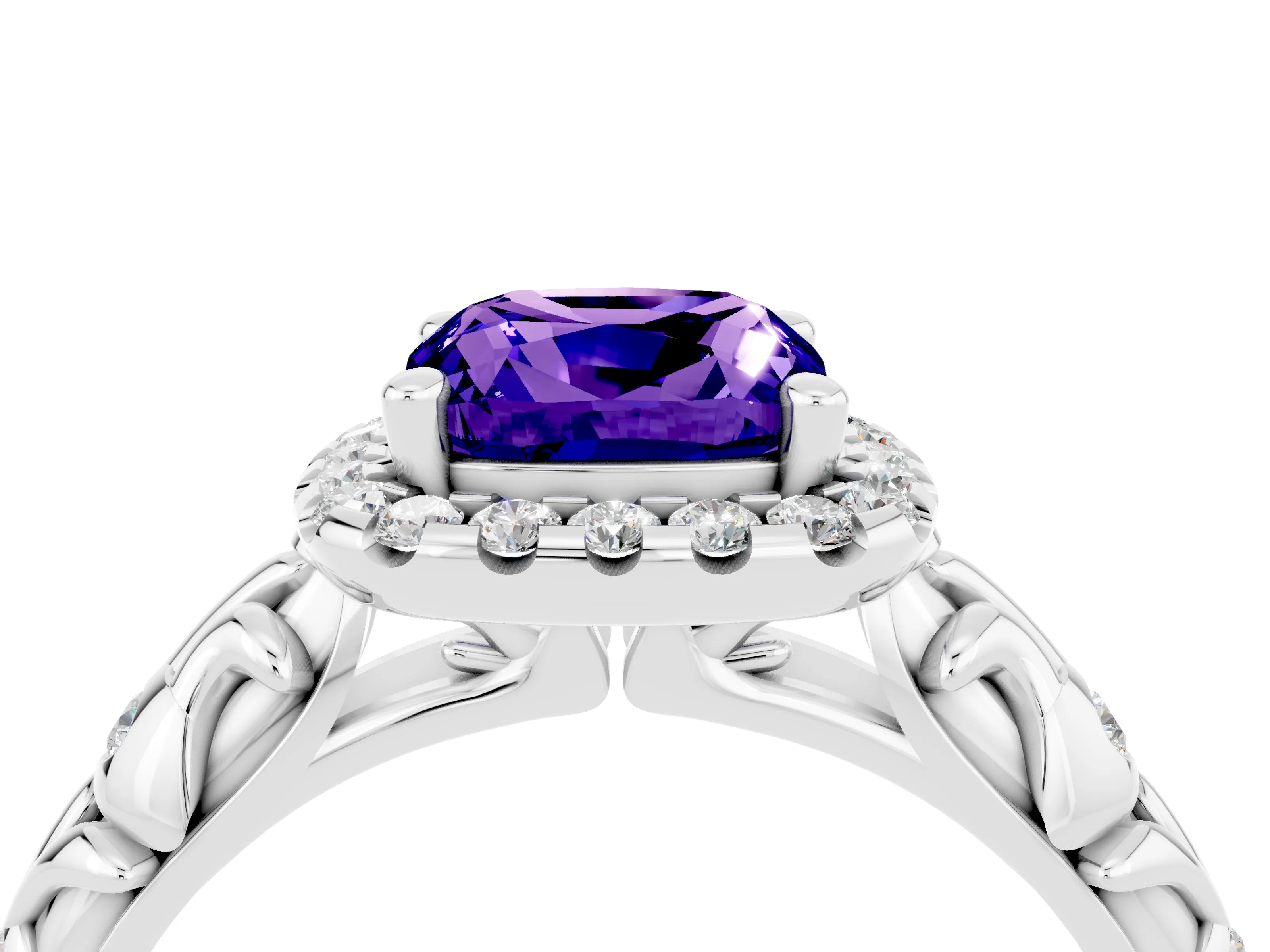 White gold Cushion Cut Halo Diamond Solitaire with Filigree Band and Four-Prong Setting_4