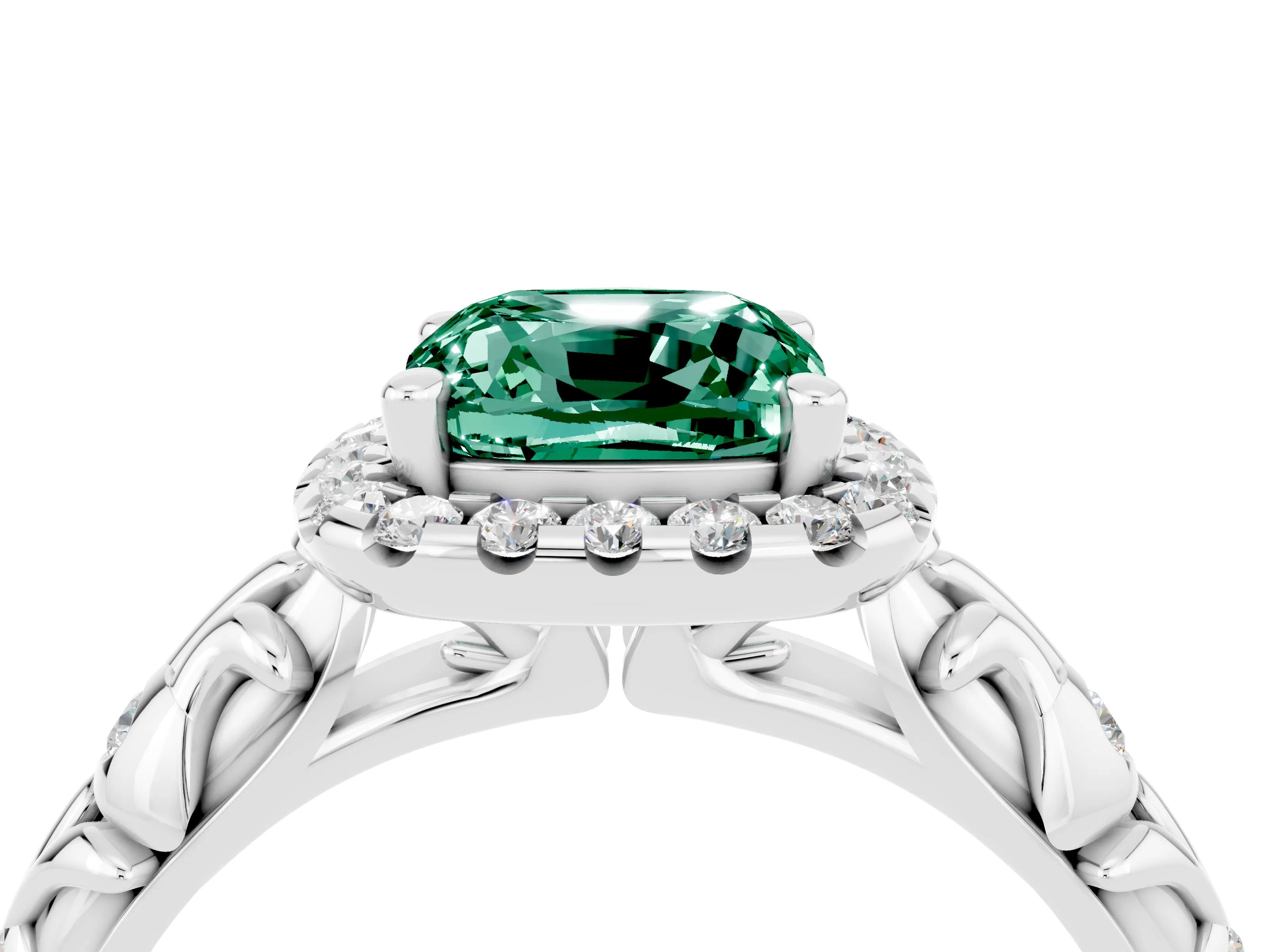 White gold Cushion Cut Halo Diamond Solitaire with Filigree Band and Four-Prong Setting_4