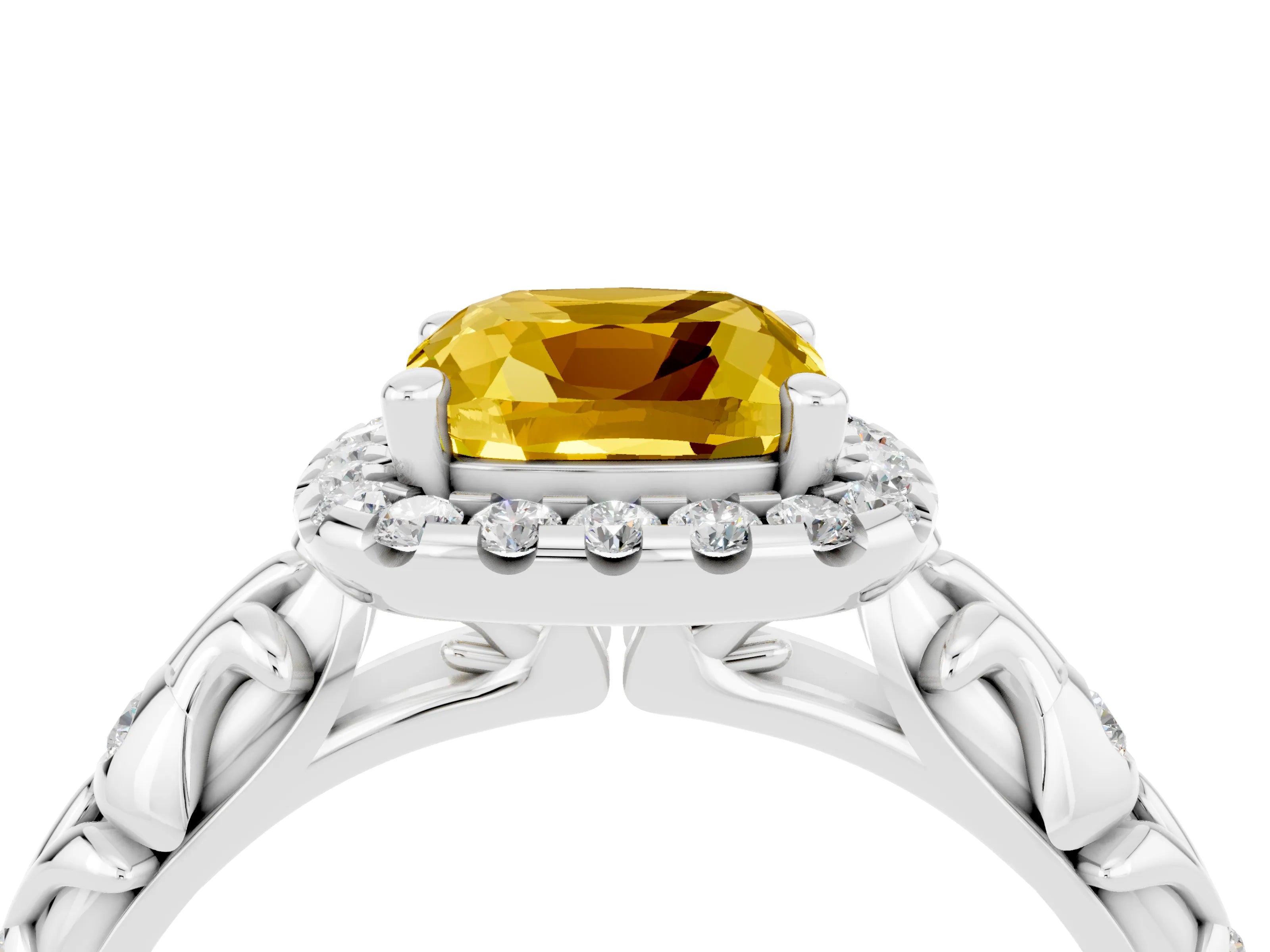 White gold Cushion Cut Halo Diamond Solitaire with Filigree Band and Four-Prong Setting_4