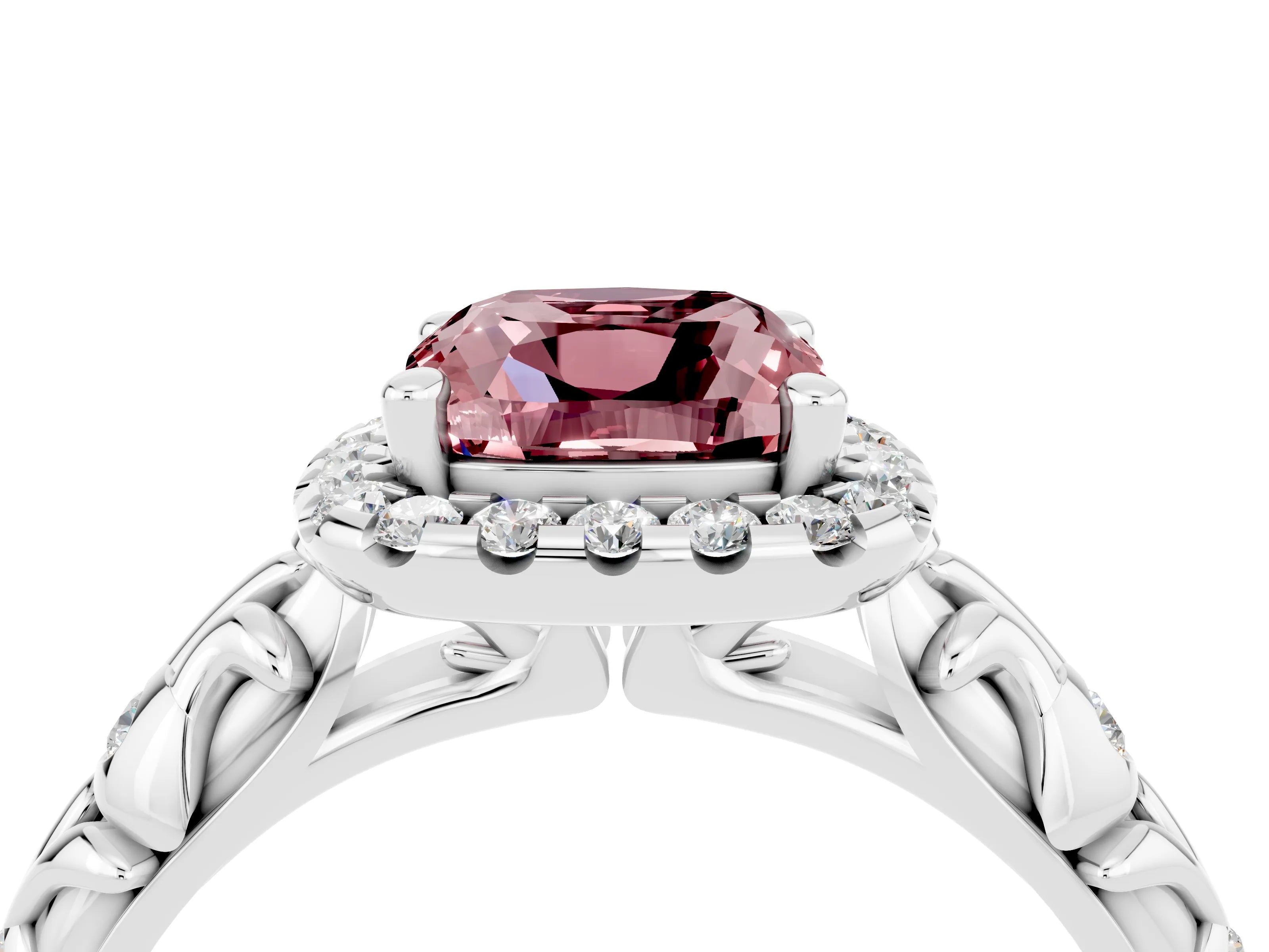 White gold Cushion Cut Halo Diamond Solitaire with Filigree Band and Four-Prong Setting_4