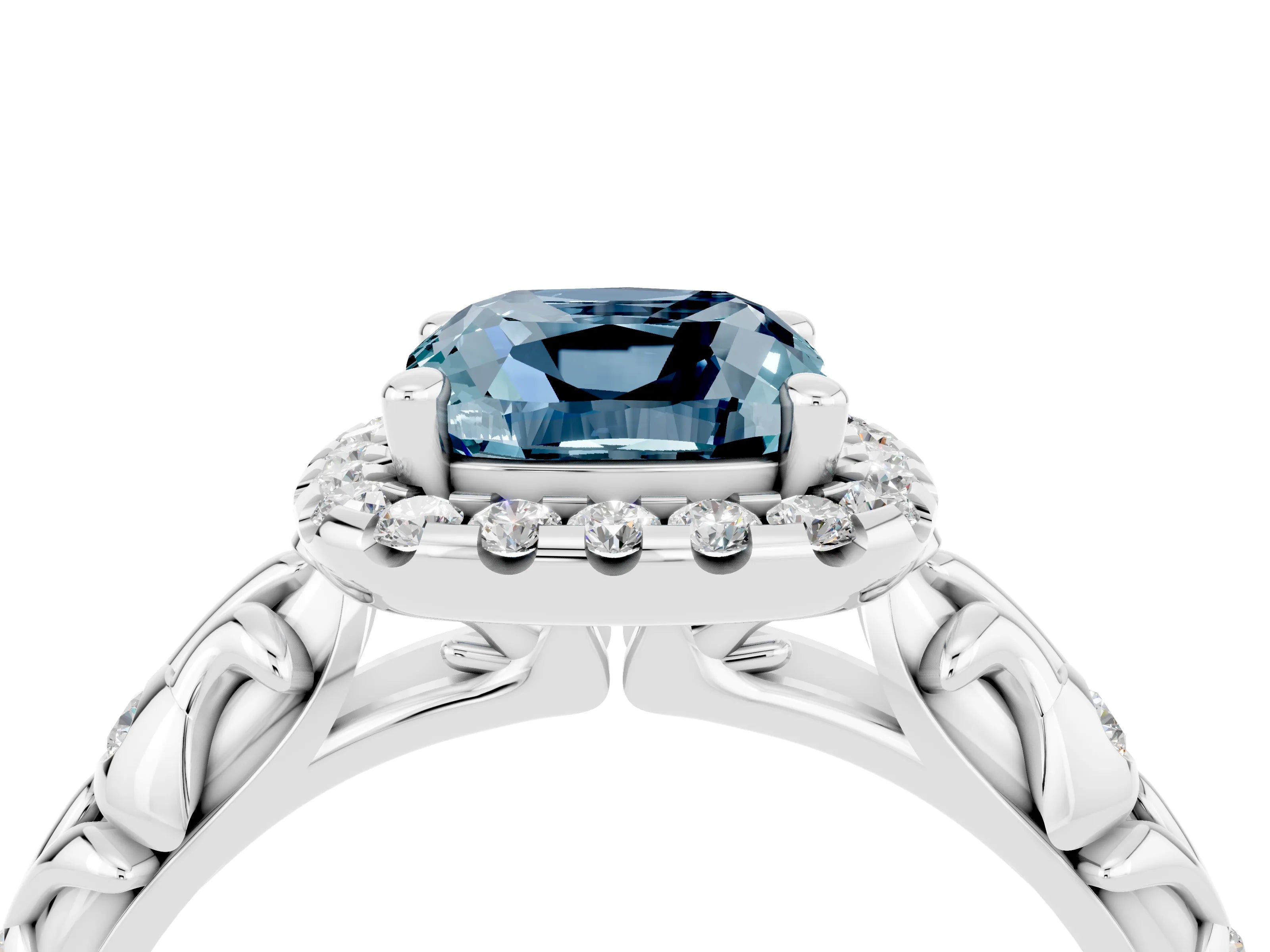 White gold Cushion Cut Halo Diamond Solitaire with Filigree Band and Four-Prong Setting_4
