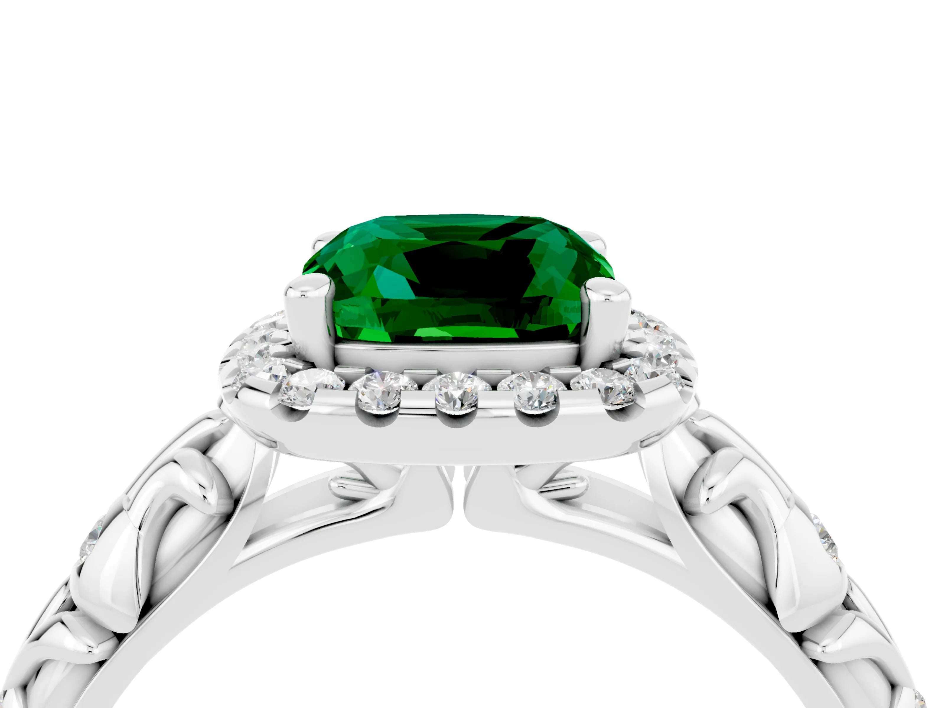 White gold Cushion Cut Halo Diamond Solitaire with Filigree Band and Four-Prong Setting_4
